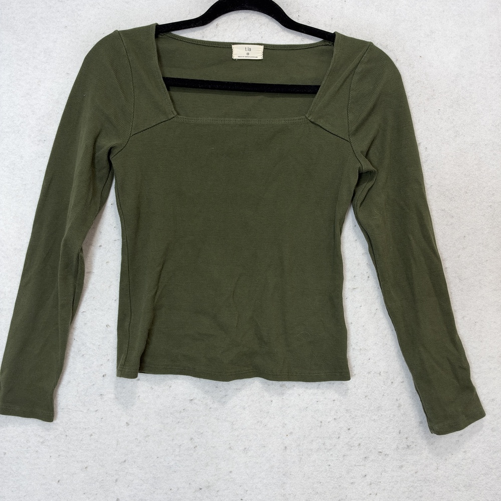 T.La Shirt Womens XS Green Square Neck Long Sleeve Stretch Ribbed Jersey Top